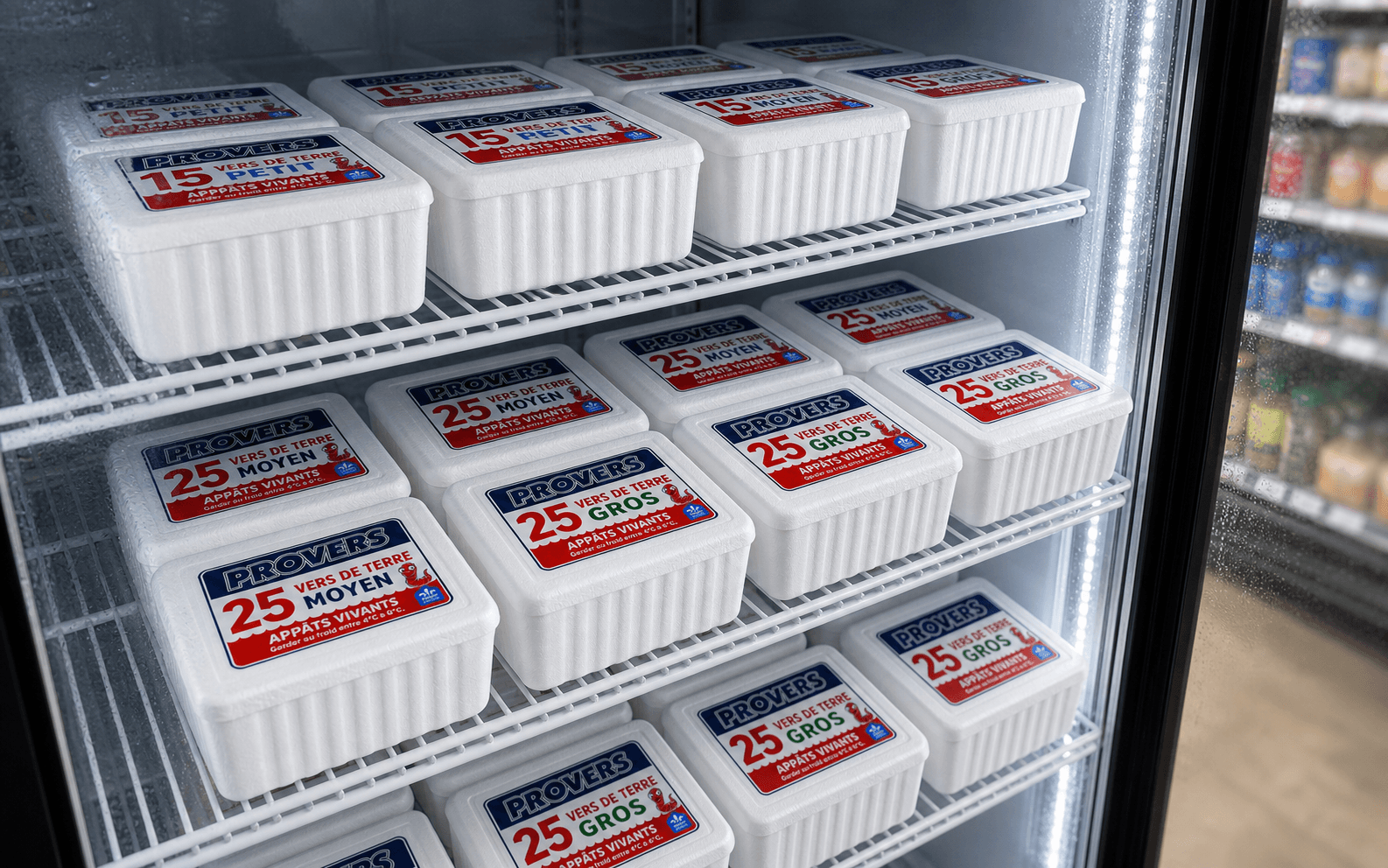 Contenants Provers fermés rangés dans un frigo de détaillant