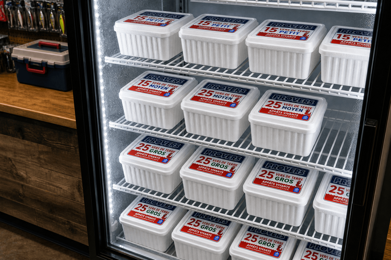 Frigo de commerce rempli de contenants d'appâts vivants